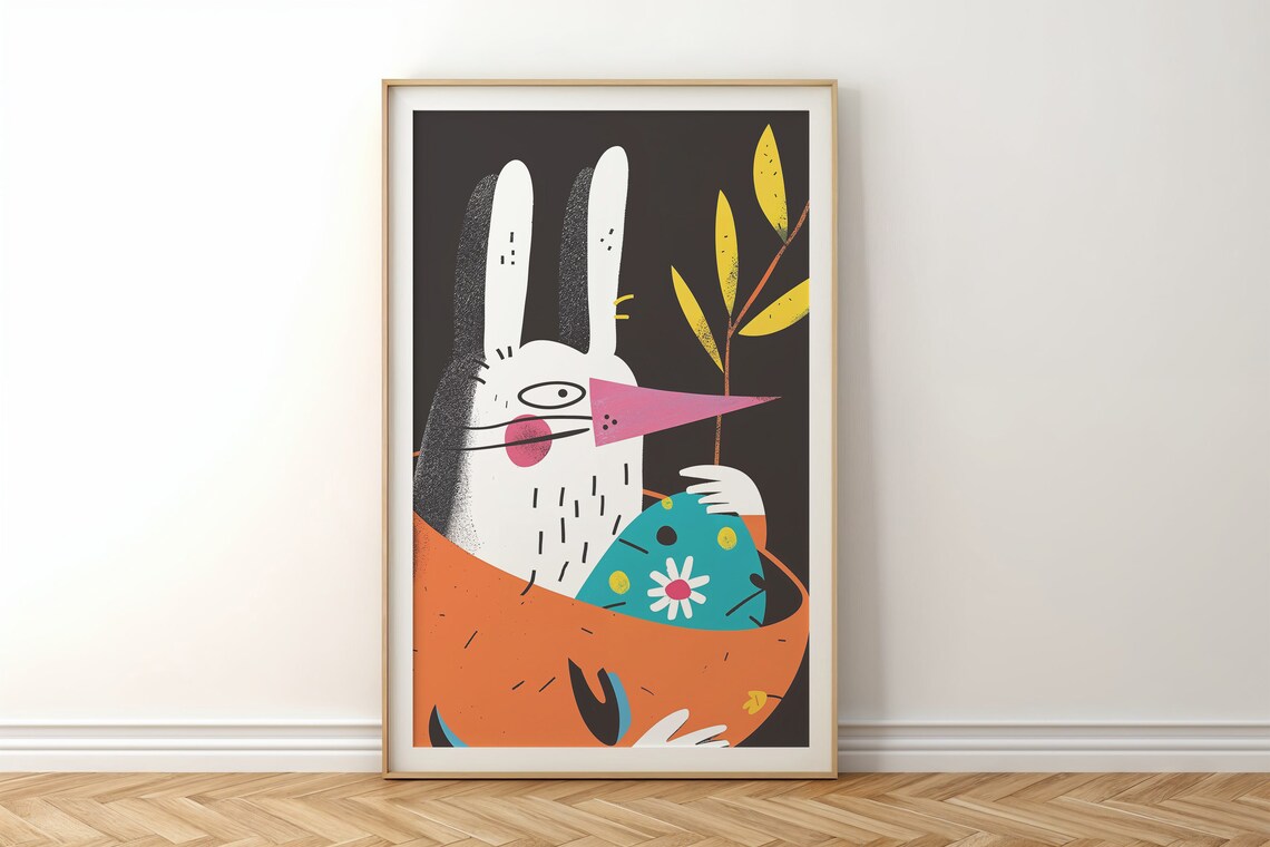 Quirky Bunny Peeking Orange Basket Blue Egg Bold Graphic Kids Room Poster - Image 4