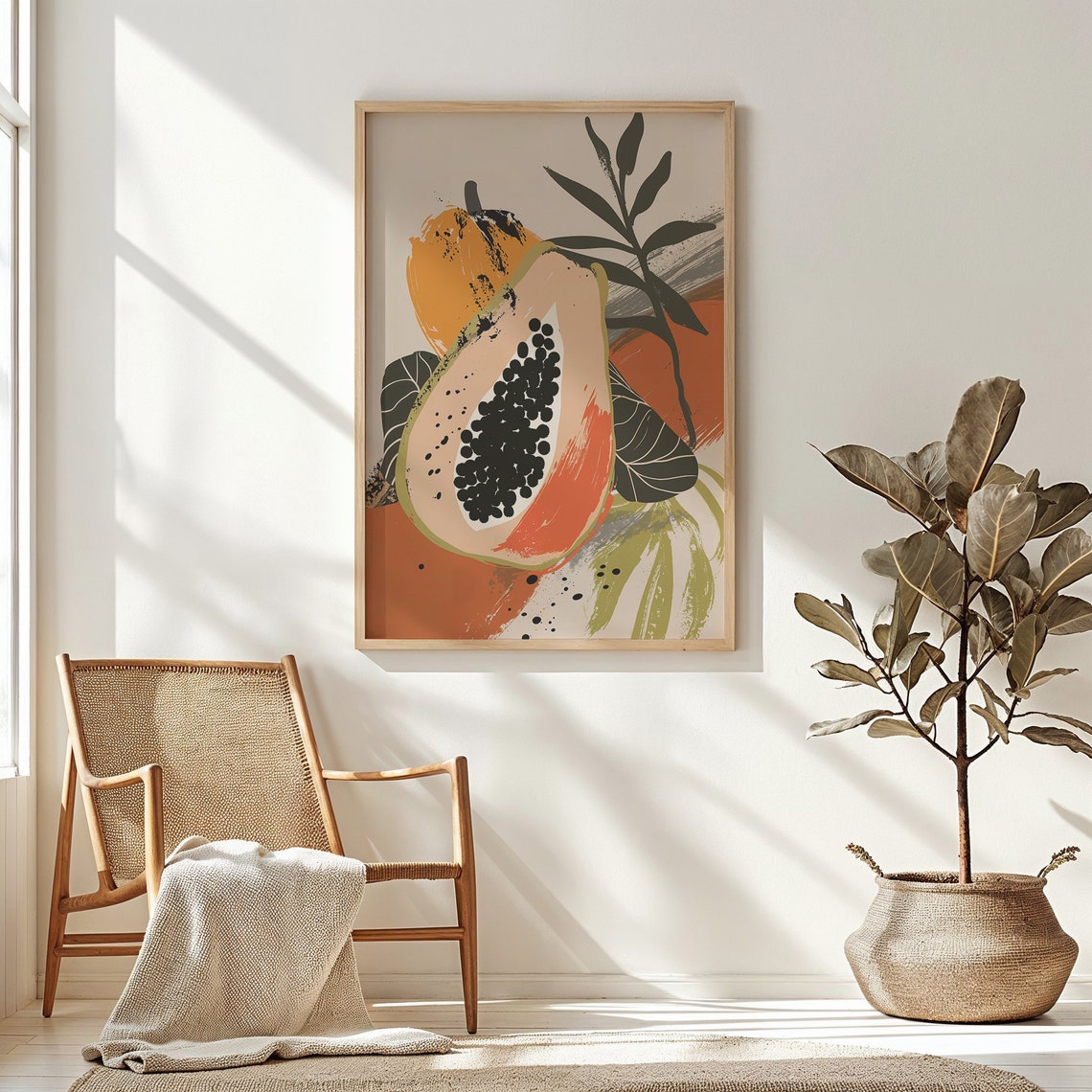Papaya Half Close Up Tropical Leaves Burnt Orange Modern Art Print
