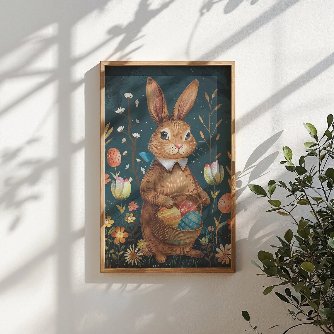 Brown Bunny Ribbon Collar Egg Basket Dark Floral Storybook Poster - Image 5