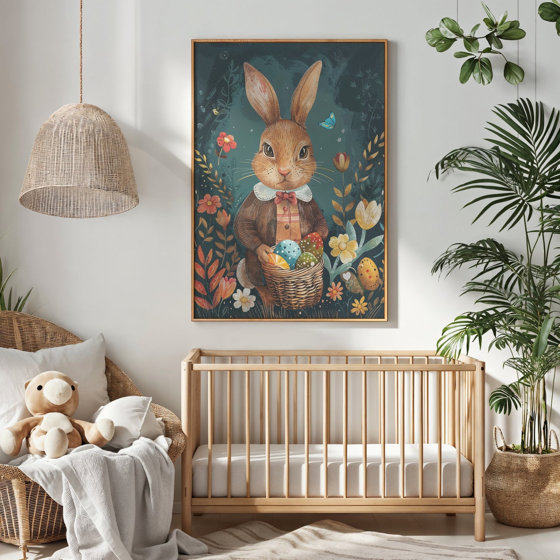 Dapper Brown Bunny Bow Tie Egg Basket Dark Floral Easter Poster - Image 2