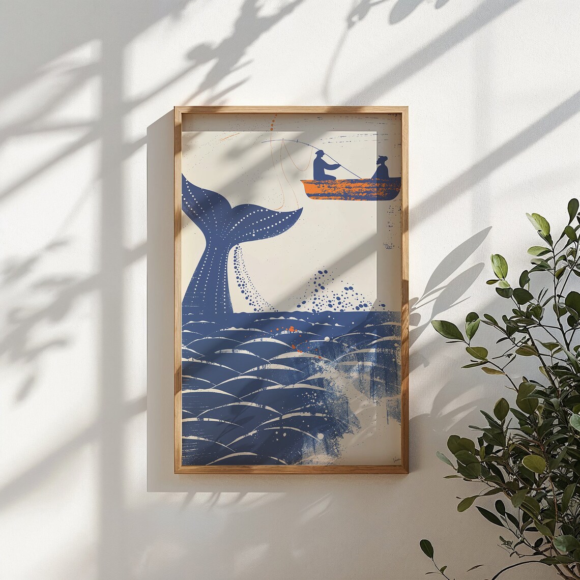 Whale Tail Two Fishermen Orange Boat Blue Cream Nautical Art Poster - Image 6