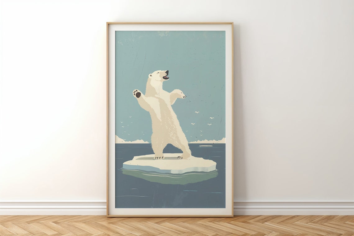 Playful Polar Bear Leaping Ice Floe Arctic Ocean Retro Art Poster - Image 5
