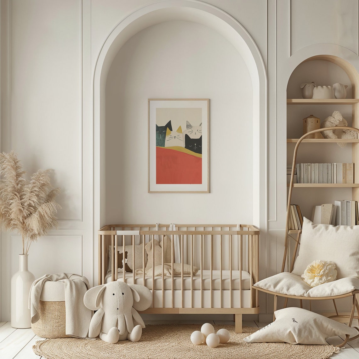 Four Minimalist Cats Tucked Under Red Blanket Nursery Poster - Image 2