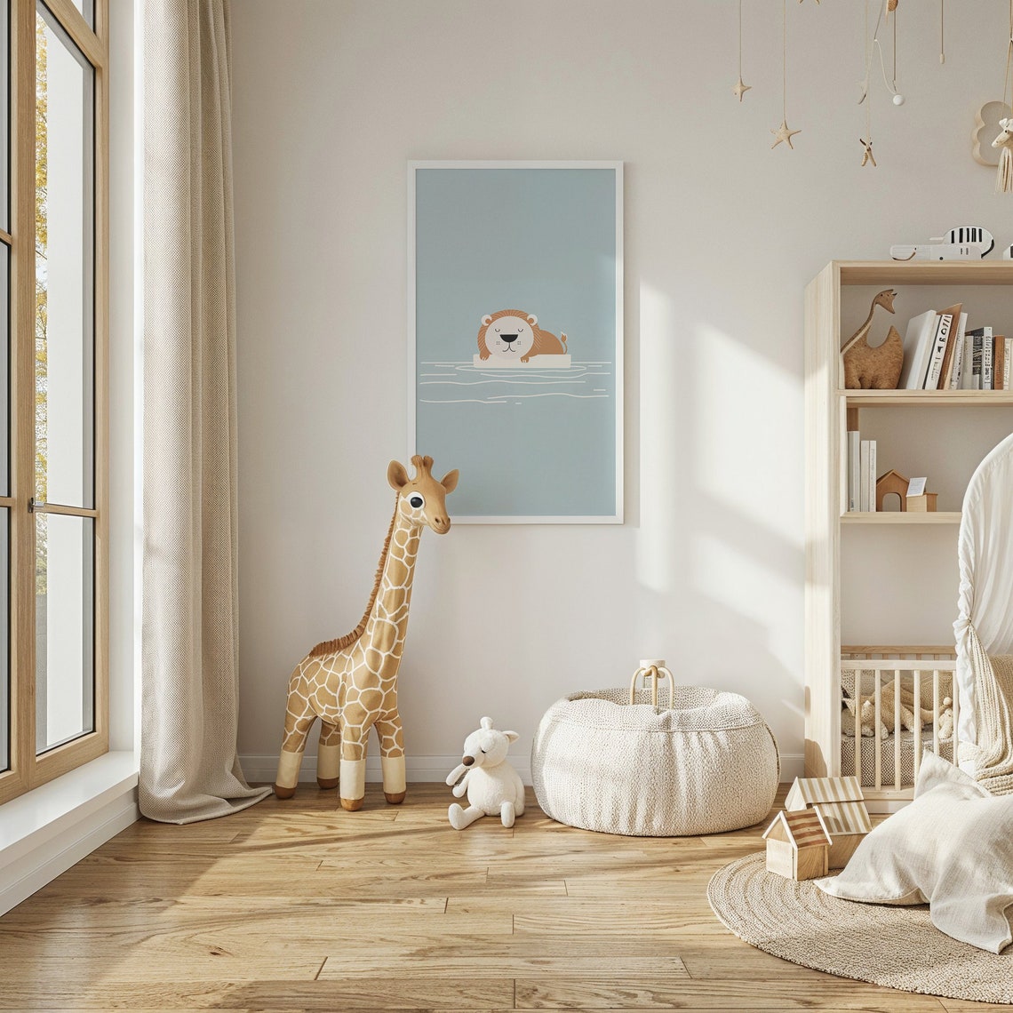 Sleeping Lion Cub Floating Blue Water Minimalist Nursery Wall Poster - Image 5