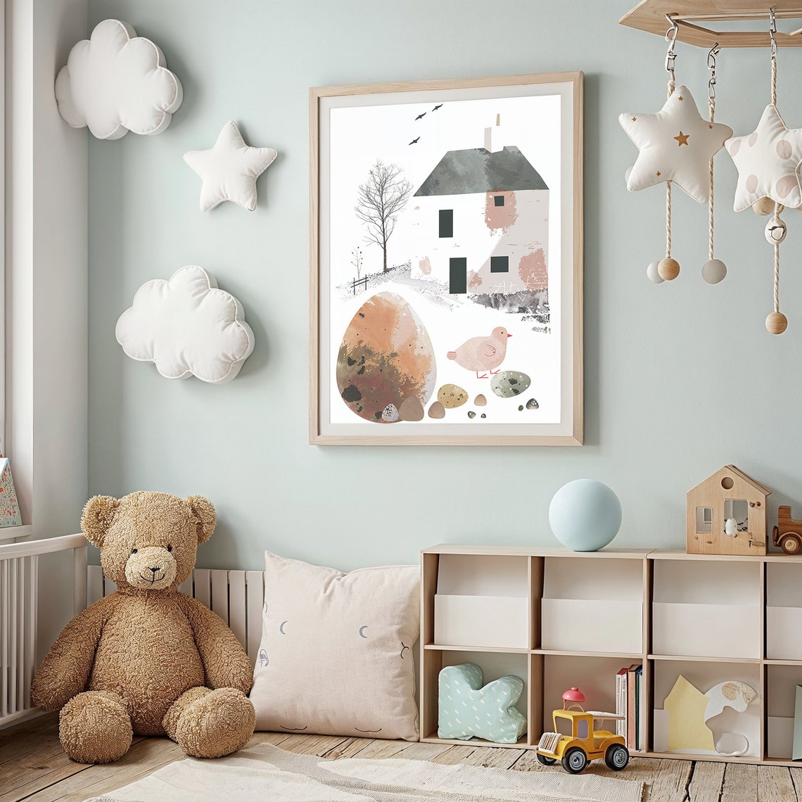 Easter Egg And Birdhouse Abstract Watercolor Minimal Spring Wall Art - Image 2