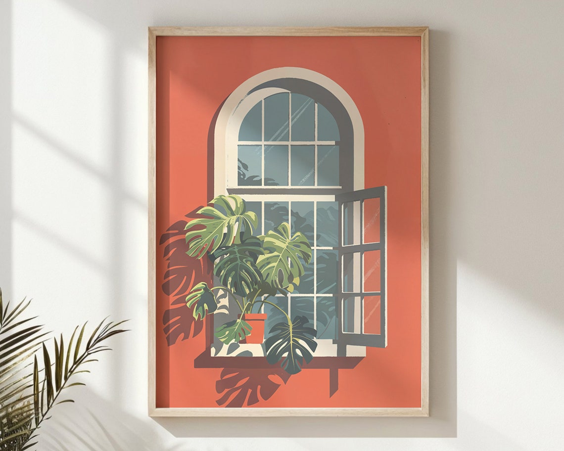 Monstera Plants Arched Open Window Terracotta Wall Tropical Poster