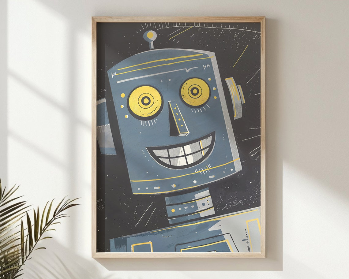 Smiling Retro Robot Night Space Kids Room Decor Vintage Wall Poster