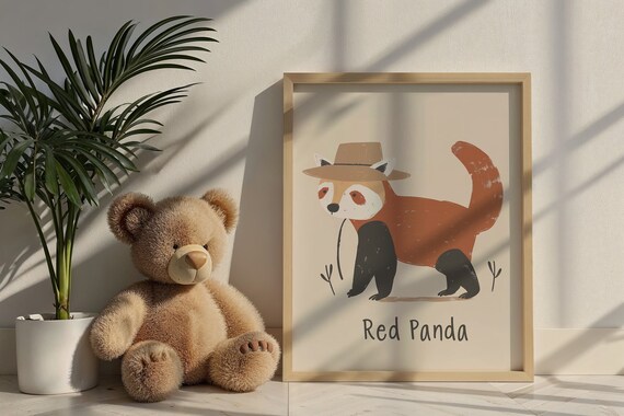 Red Panda Wearing Hat Beige Background Kids Nursery Bedroom Art Poster