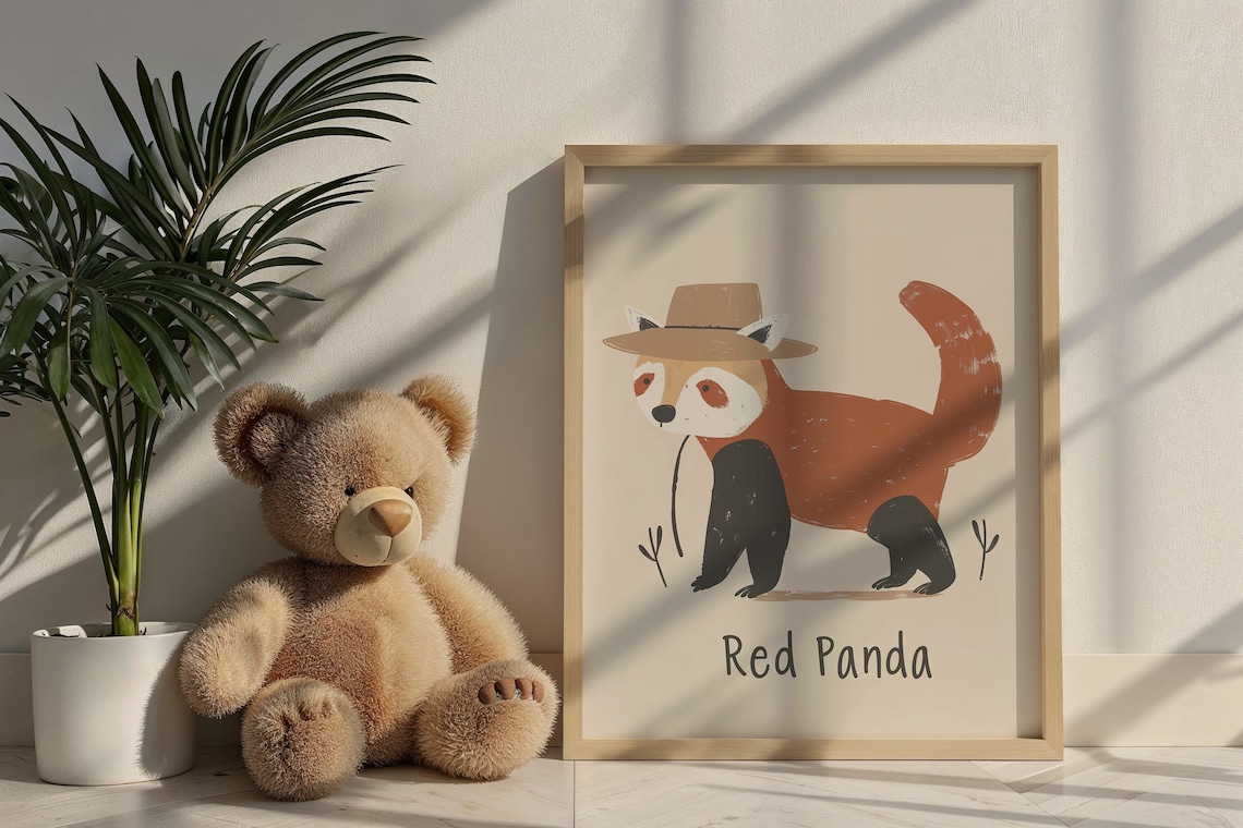 Red Panda Wearing Hat Beige Background Kids Nursery Bedroom Art Poster