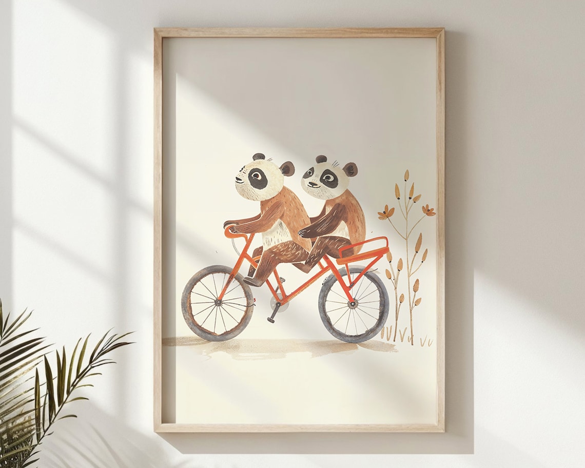 Two Pandas Riding Tandem Bicycle Watercolor Nursery Kids Room Poster