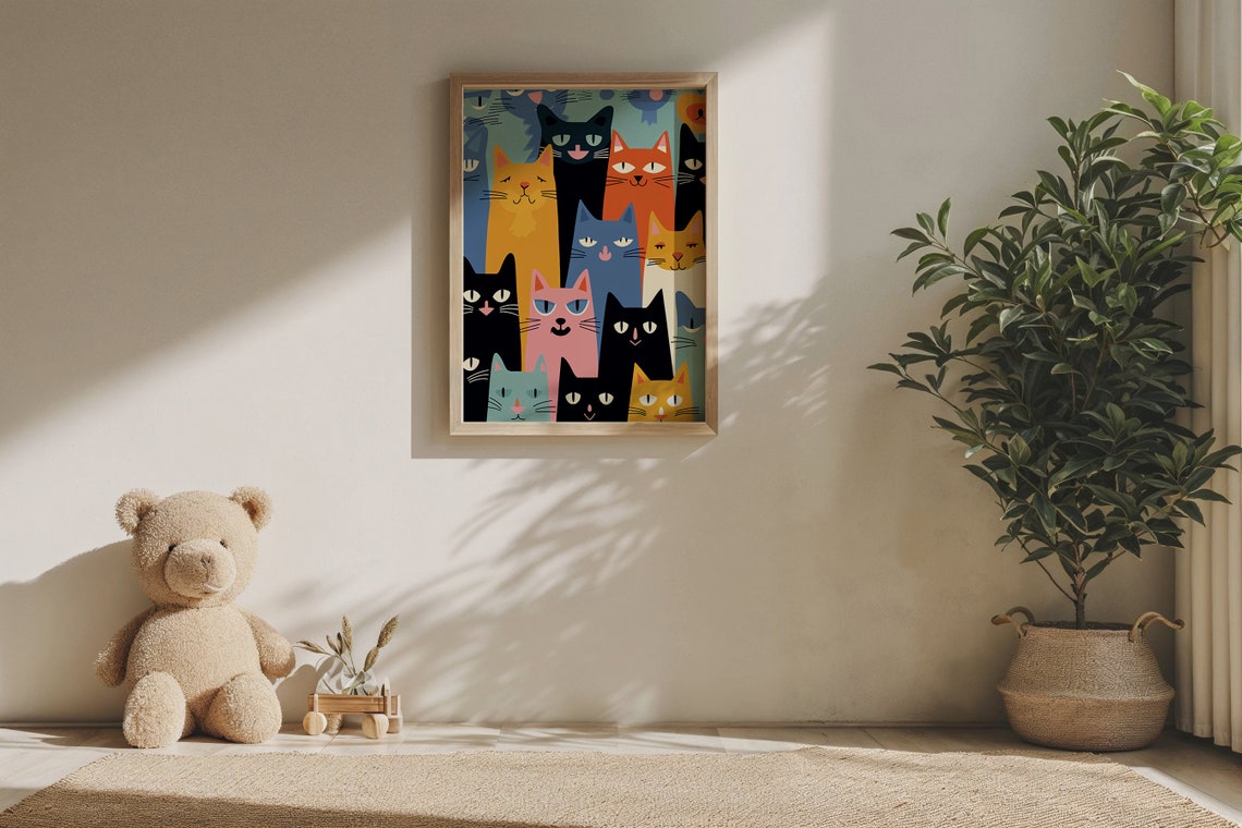 Colorful Cartoon Cat Faces Crowd Pattern Playful Kids Animal Art Print - Image 5