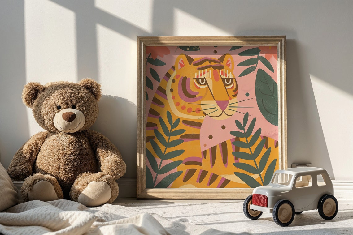 Stylized Orange Tiger Pink Jungle Foliage Bold Nursery Poster - Image 3