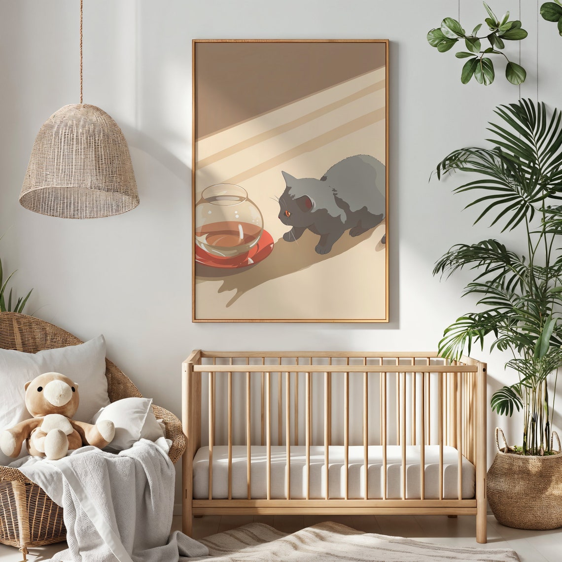 Grey Cat Watching Fishbowl Curious Kitty Retro Beige Nursery Poster - Image 3
