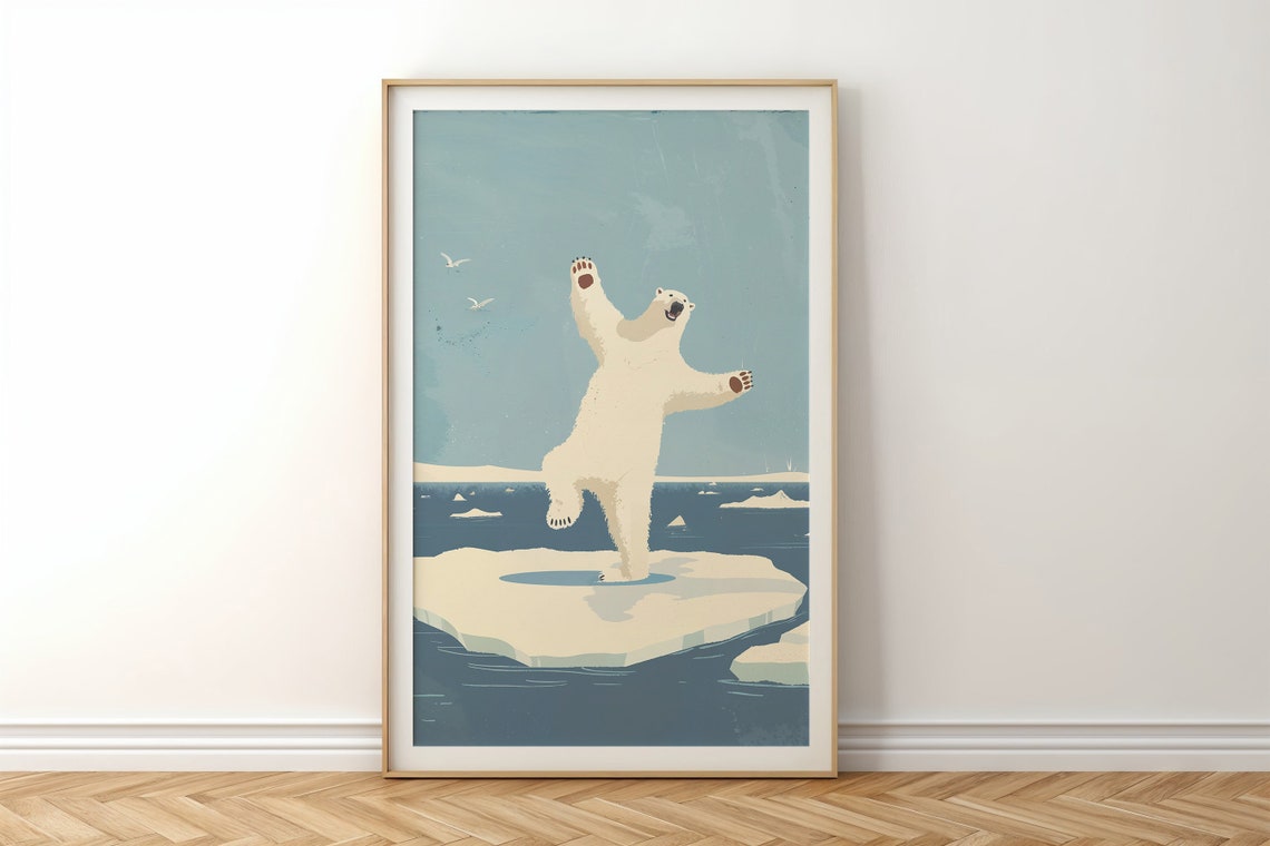 Polar Bear Standing Ice Floe Arctic Ocean Blue Retro Nursery Poster - Image 5