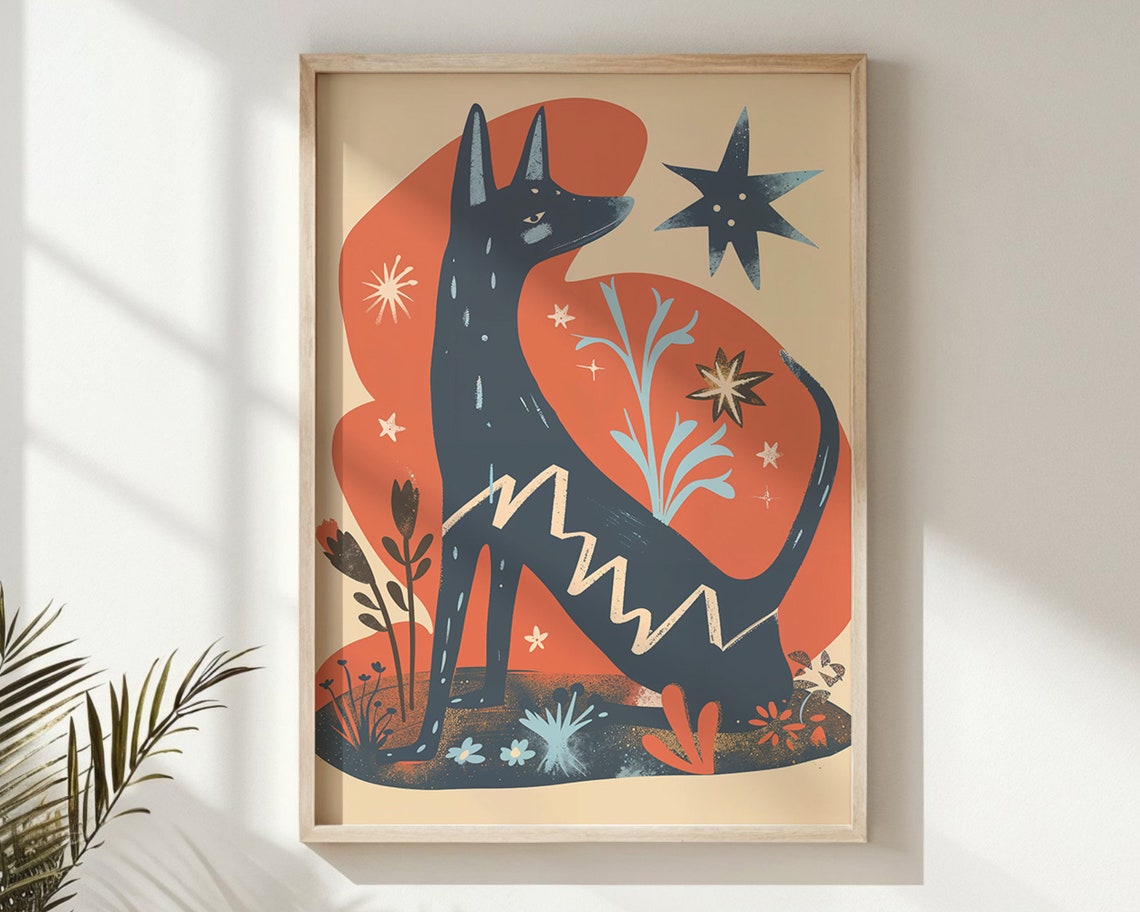 Sitting Black Dog Sunset Stars Bold Folk Art Animal Wall Poster - Image 6