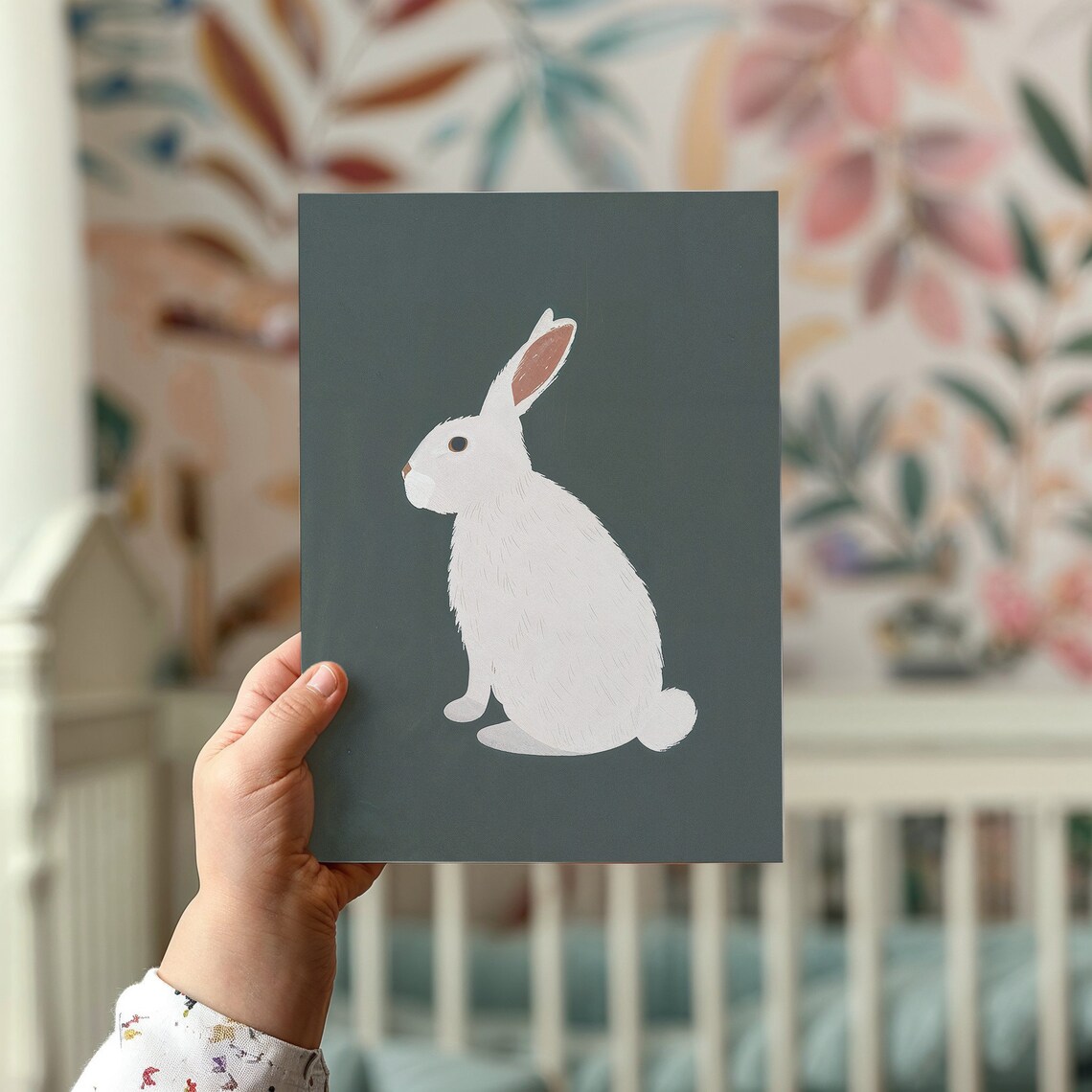 White Bunny On Forest Green Background Minimalist Nursery Animal Poster - Image 2