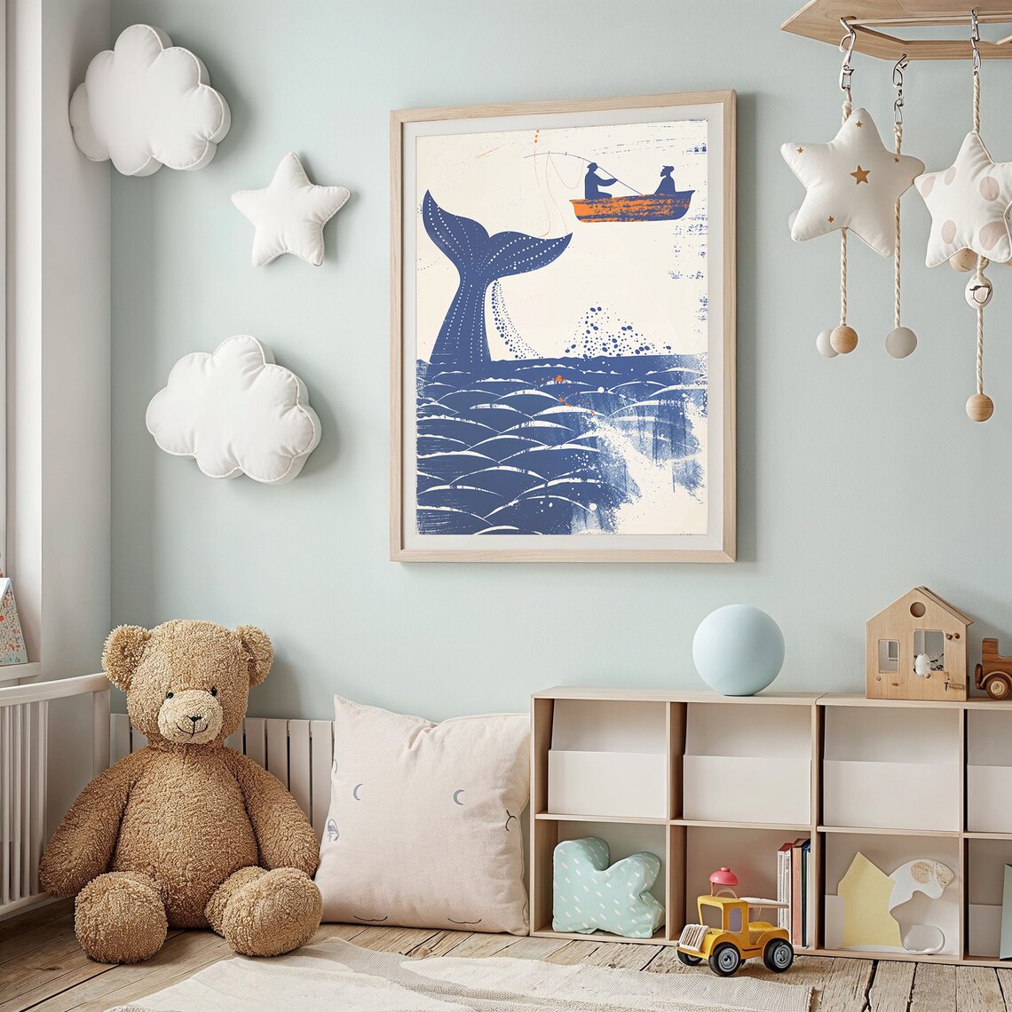 Whale Tail Two Fishermen Orange Boat Blue Cream Nautical Art Poster - Image 3