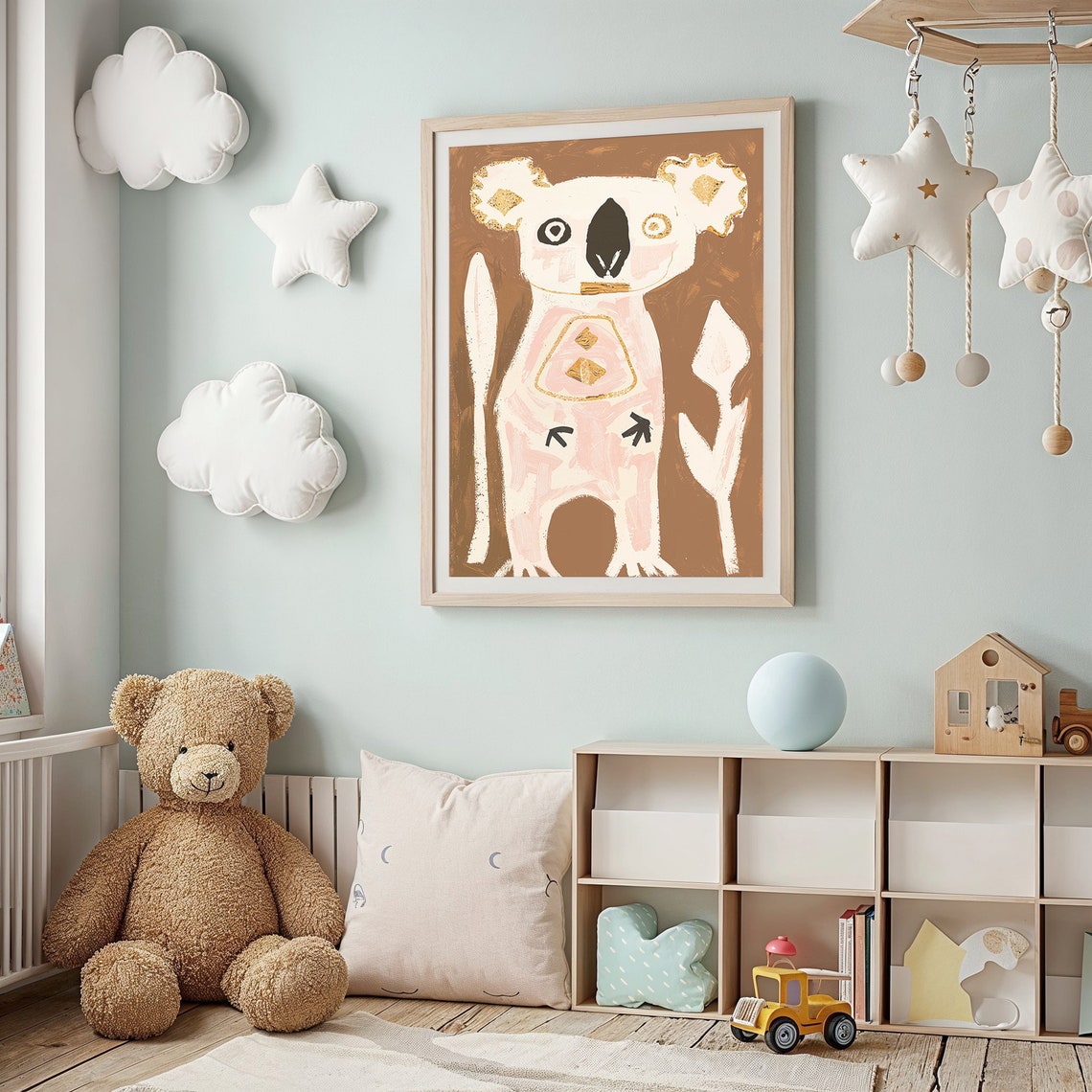 Abstract Koala Cream Pink Gold Accents Brown Background Kids Poster - Image 2
