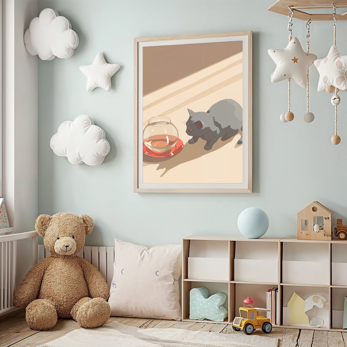 Grey Cat Watching Fishbowl Curious Kitty Retro Beige Nursery Poster - Image 2