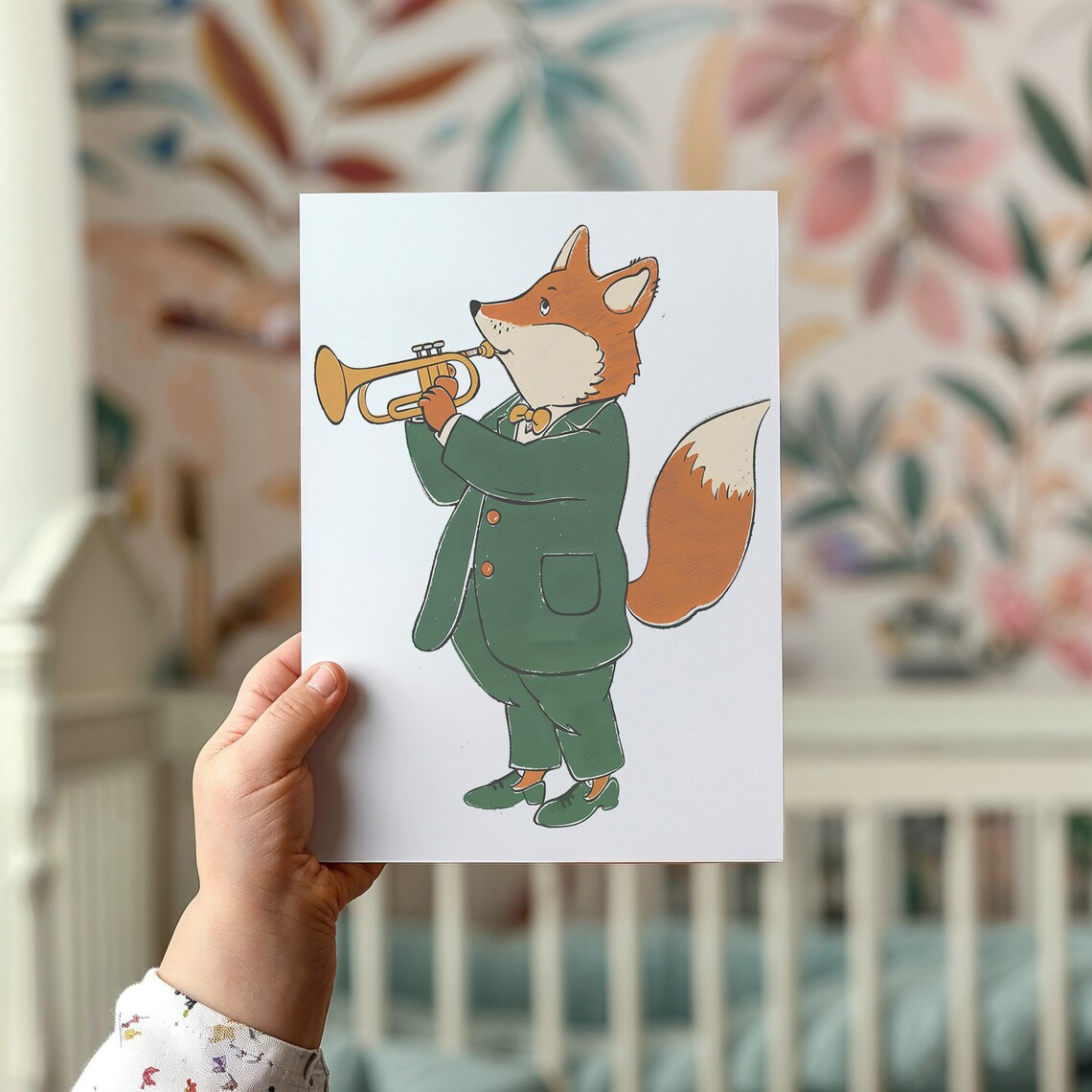 Fox Playing Gold Trumpet Green Suit Bow Tie Kids Music Wall Poster - Image 2