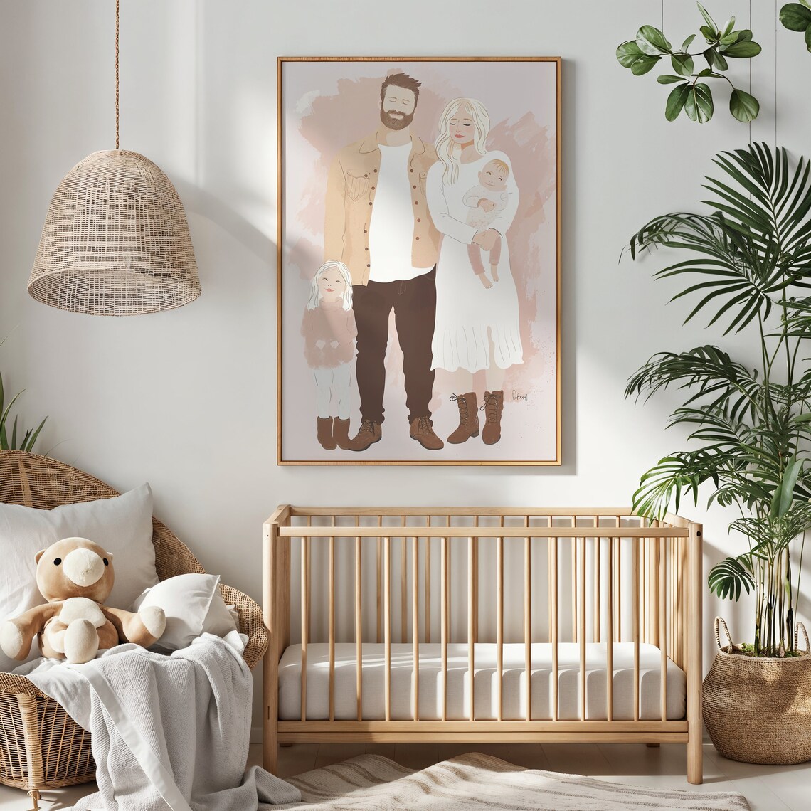 Family Of Four Watercolor Portrait Blush Neutral Custom Wall Art - Image 3