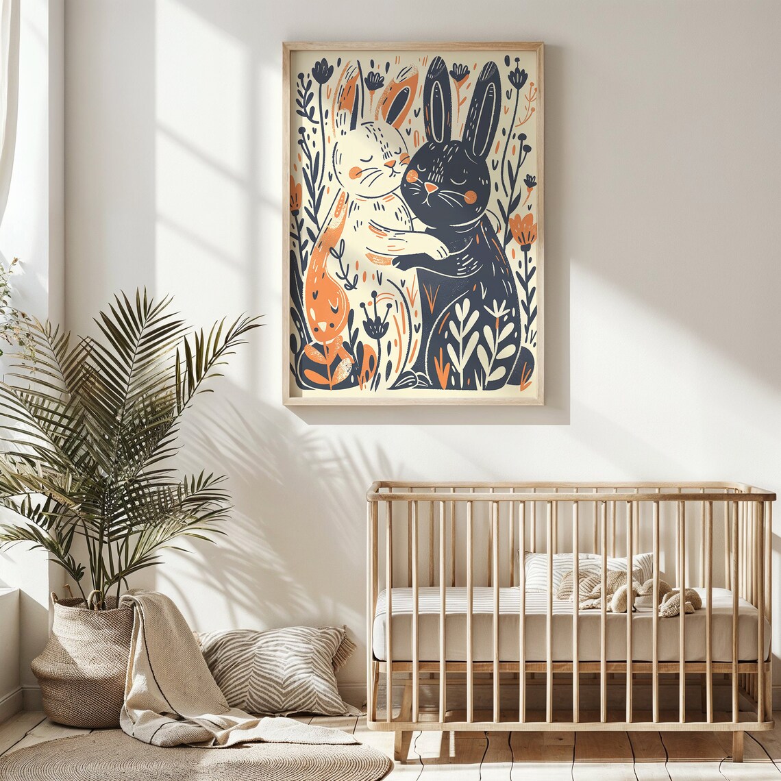 Two Bunnies Hugging Floral Illustration Whimsical Easter Wall Art Poster