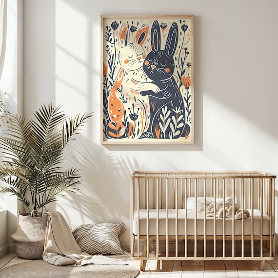 Two Bunnies Hugging Floral Illustration Whimsical Easter Wall Art Poster