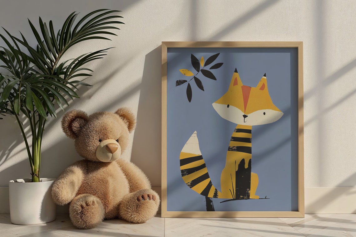Stylized Yellow Fox On Blue Background Nursery Kids Room Animal Poster - Image 4