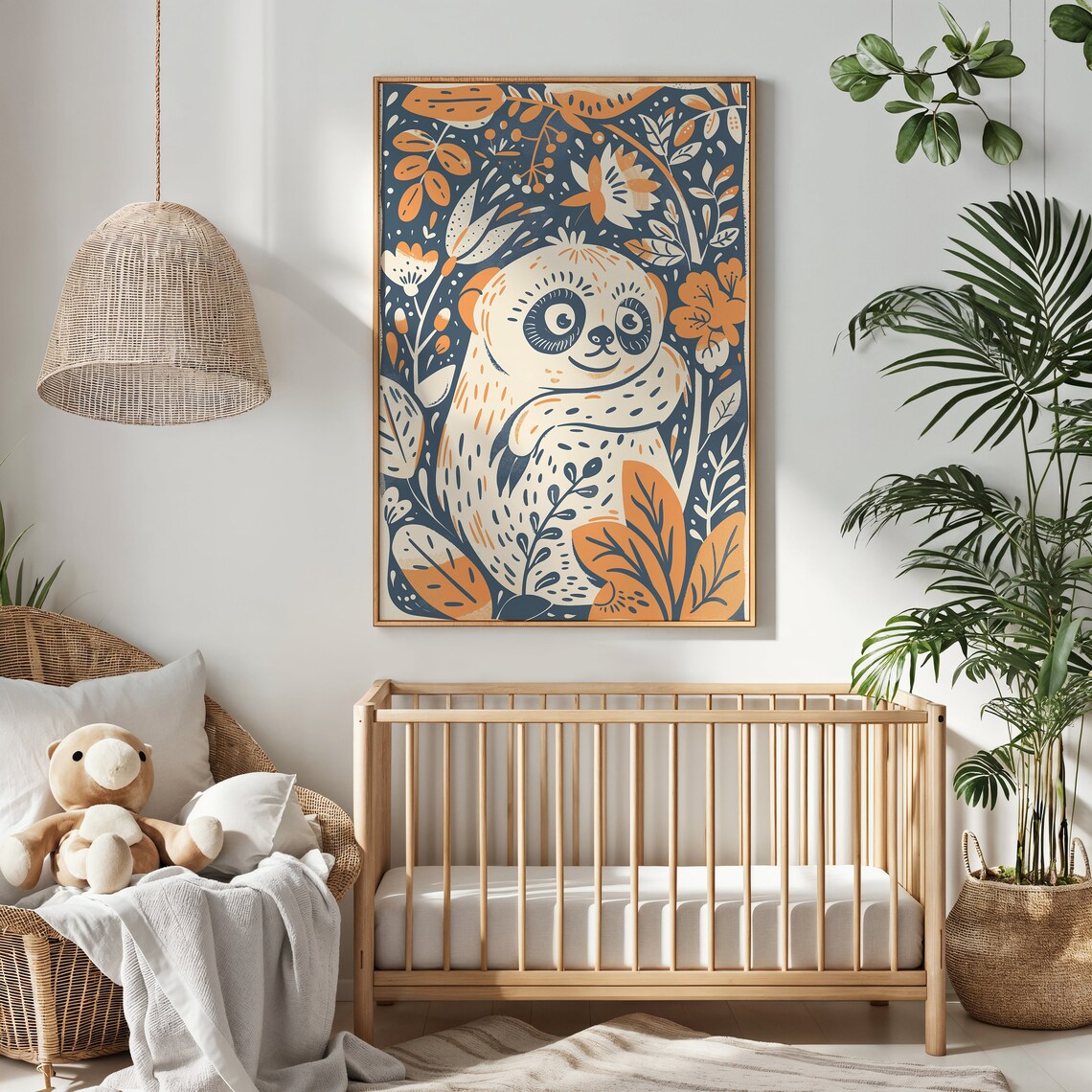 Cute Sloth Botanical Floral Illustration Orange Navy Kids Wall Art Poster - Image 3