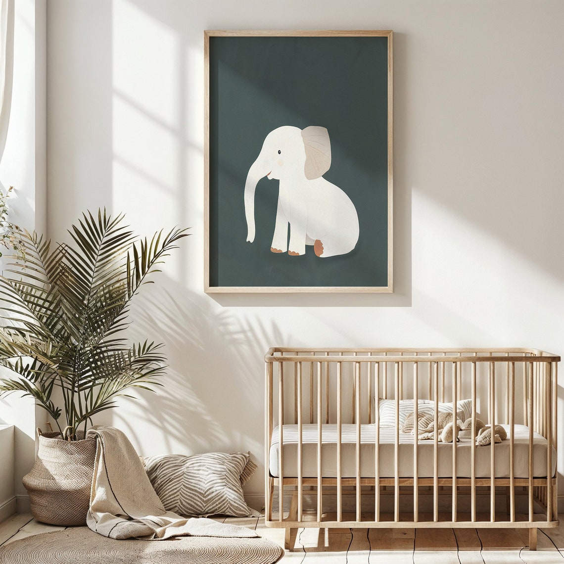Baby Elephant Cream Illustration On Forest Green Nursery Safari Poster