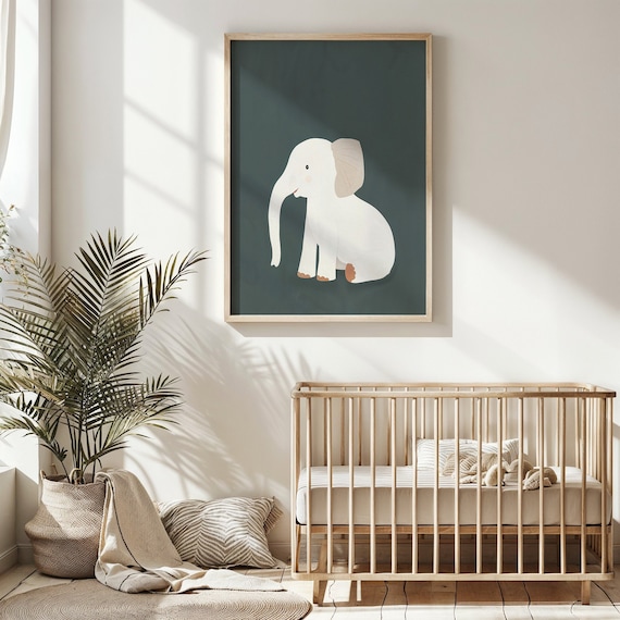 Baby Elephant Cream Illustration On Forest Green Nursery Safari Poster