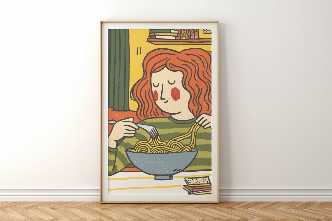 Cozy Girl Eating Noodles Book Lover Cartoon Kitchen Decor Wall Poster - Image 5