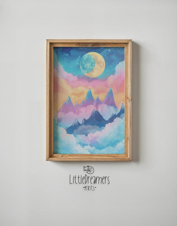 Moonlit Mountain Landscape Nursery Wall Art Kids Room Poster Fantasy Scenery Decor Dreamy Night Sky Gift