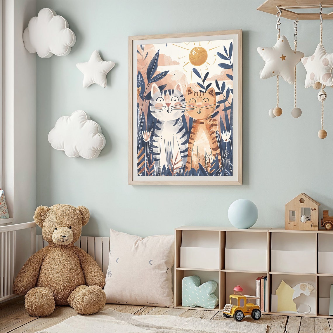 Two Smiling Cats Sun Nursery Poster Jungle Foliage Playful Kids Art - Image 2