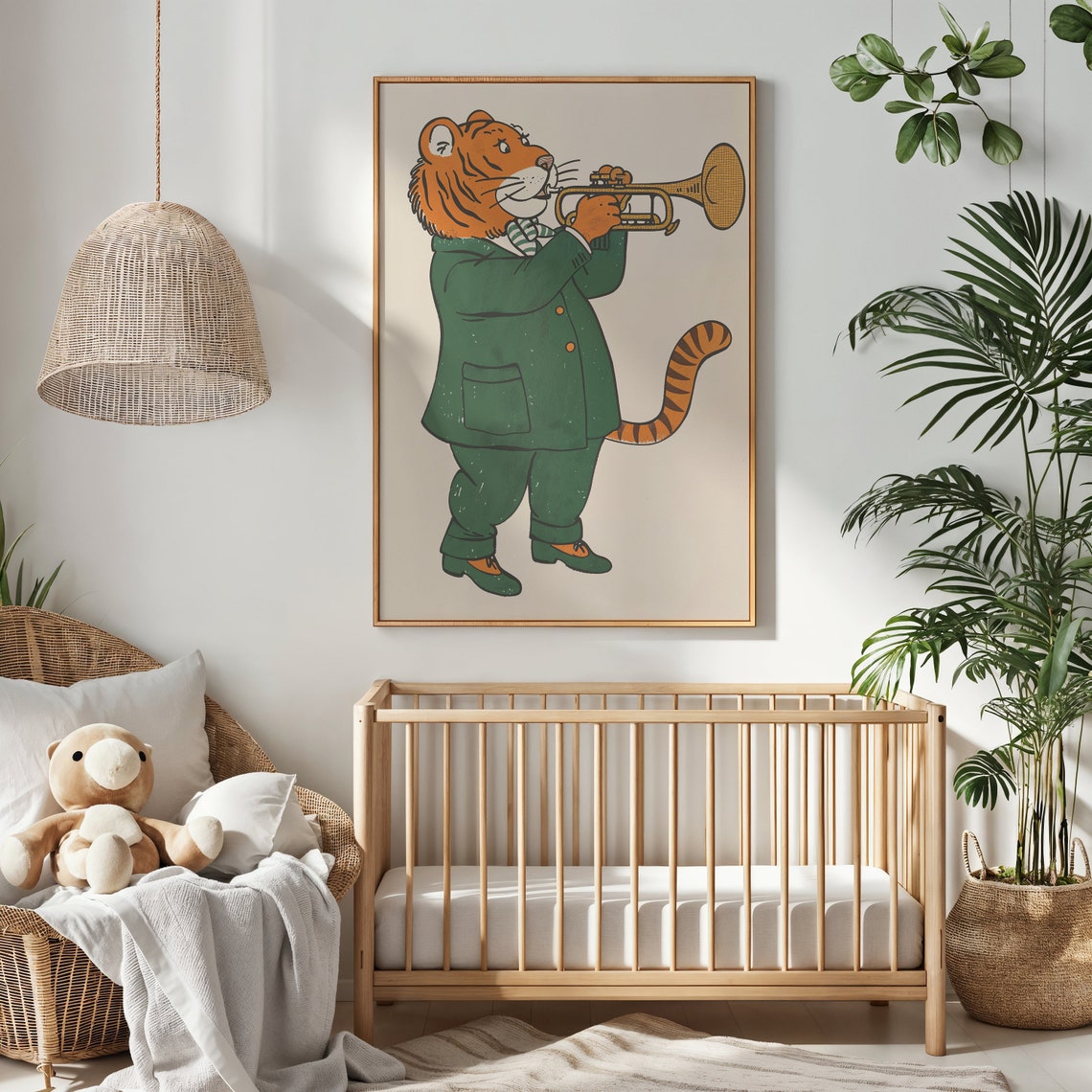 Tiger Playing Gold Trumpet Green Suit Scarf Kids Music Wall Poster - Image 2
