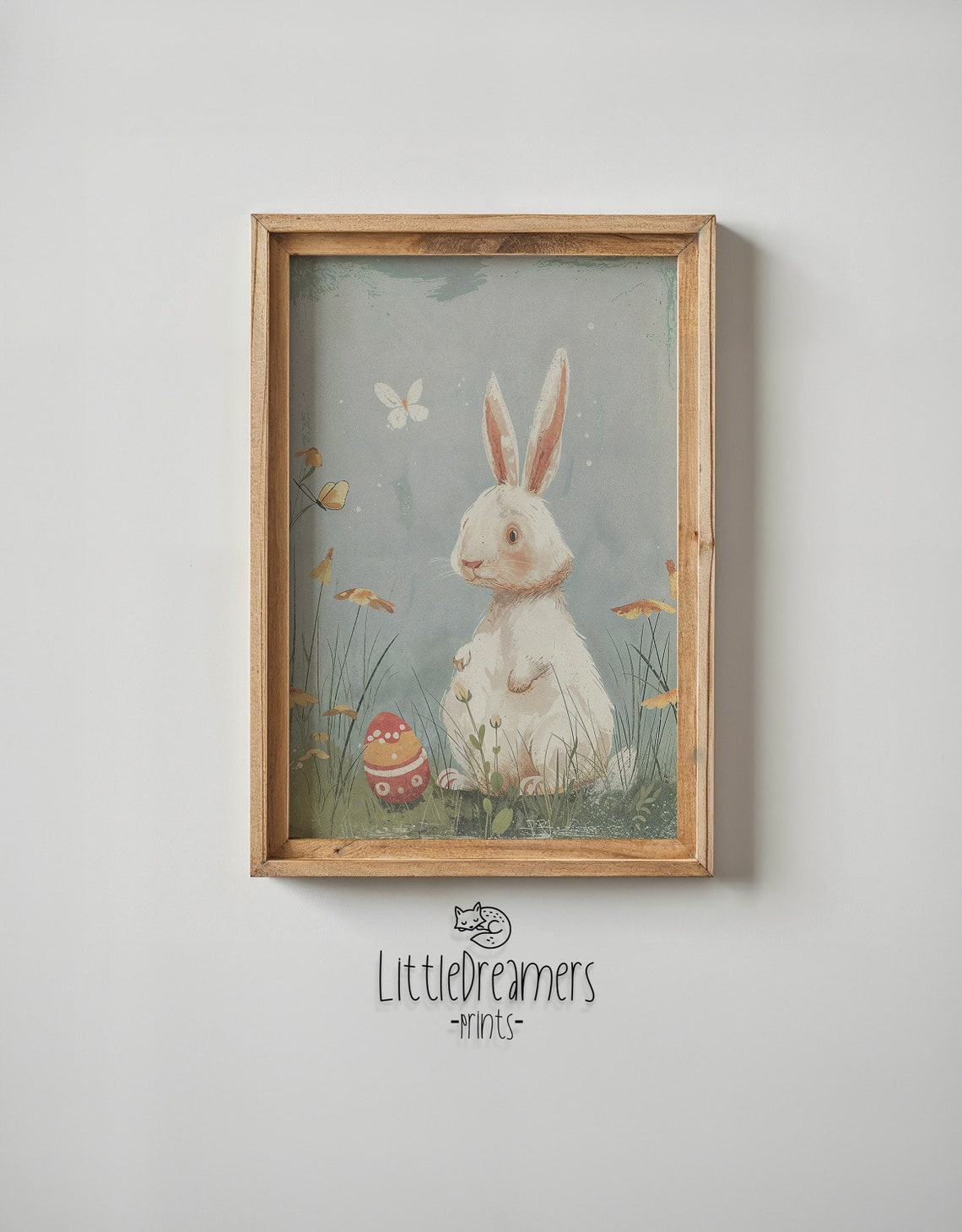 White Bunny Grassy Meadow Butterfly Vintage Easter Nursery Poster