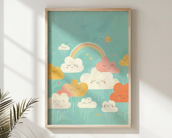 Smiling Clouds Rainbow Nursery Wall Art Kids Room Decor Whimsical Weather Poster Artwork Gift