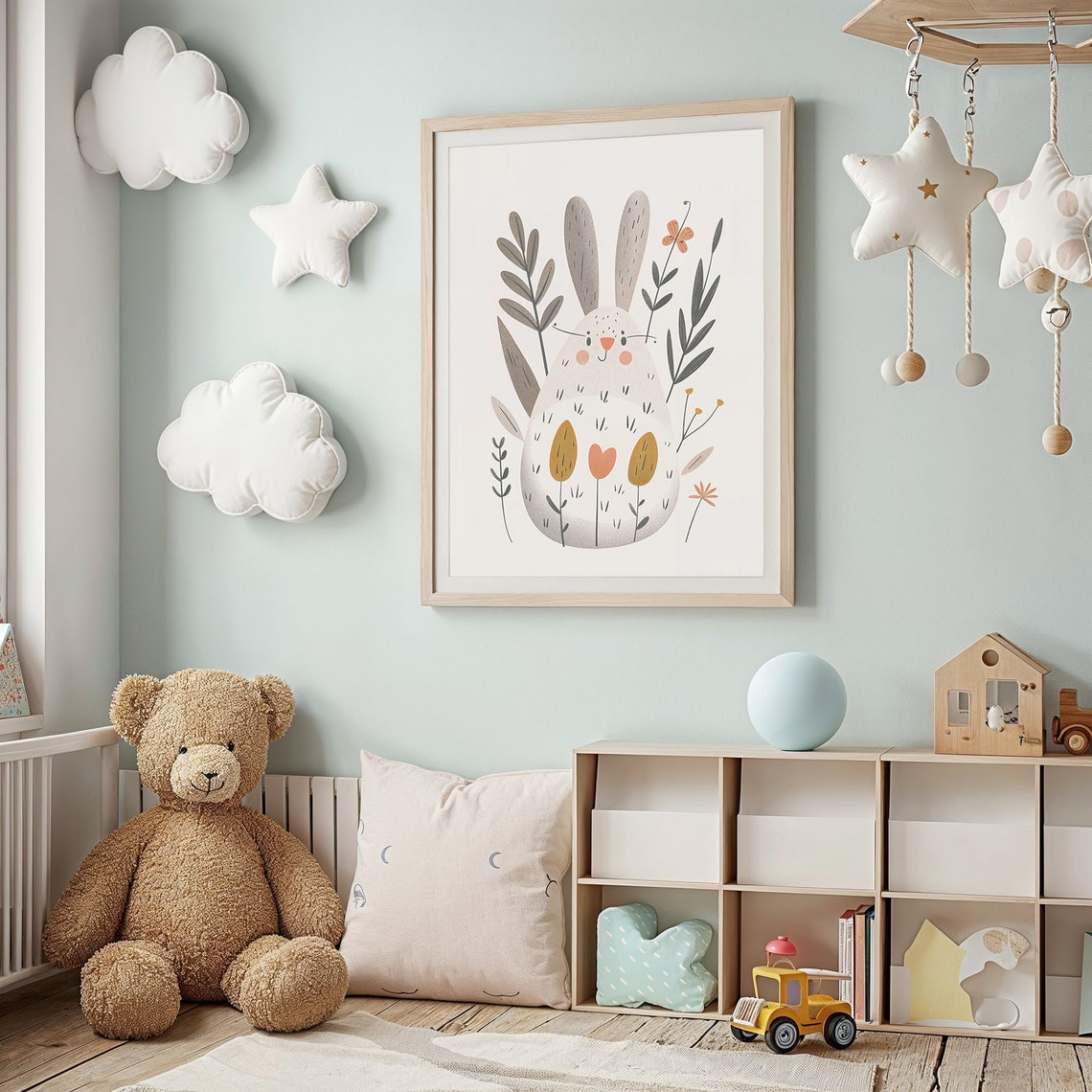 Smiling Chubby Bunny Modern Floral Garden Nursery Wall Art Poster - Image 2