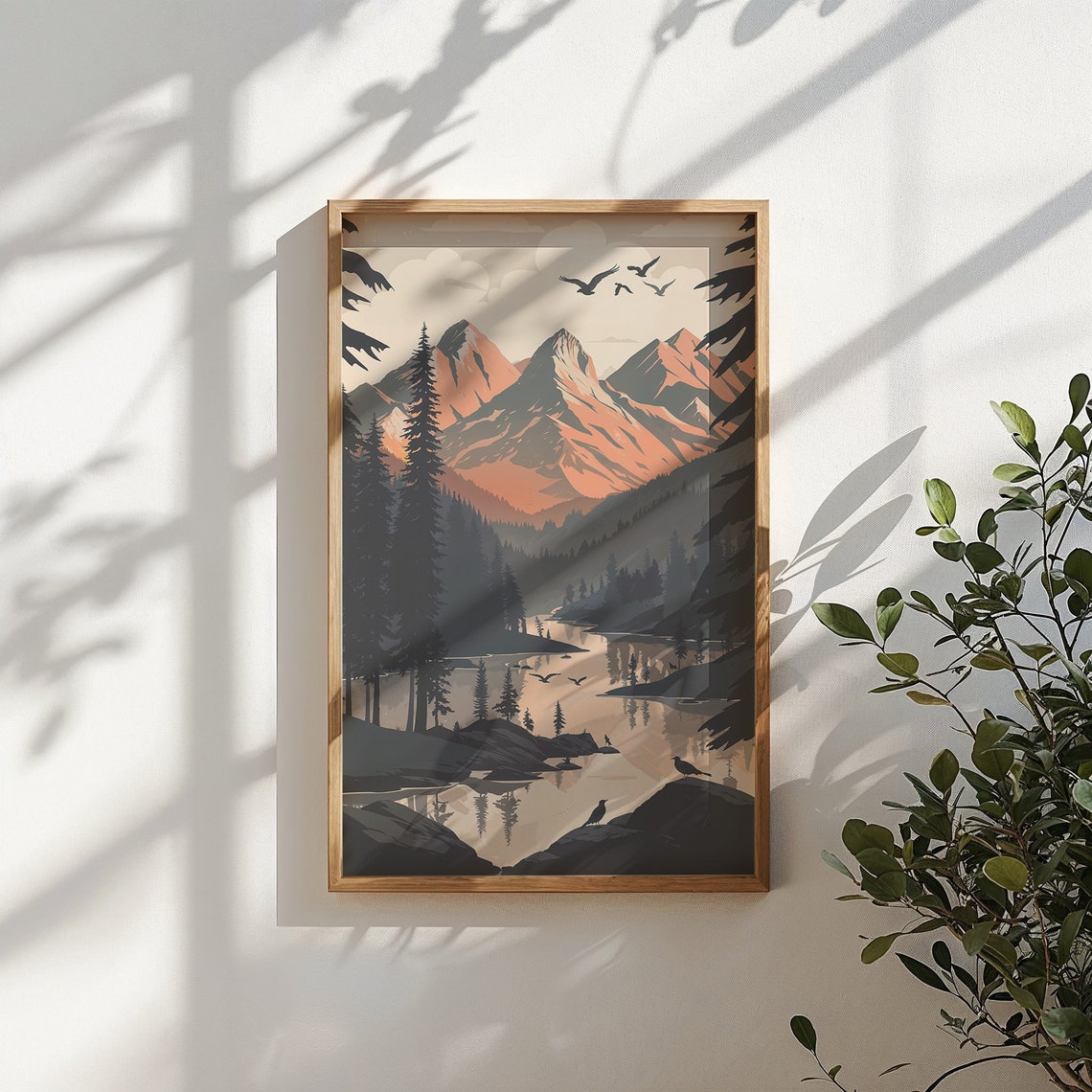 Serene Mountain Lake Pine Forest Birds Warm Sunset Wall Poster - Image 6