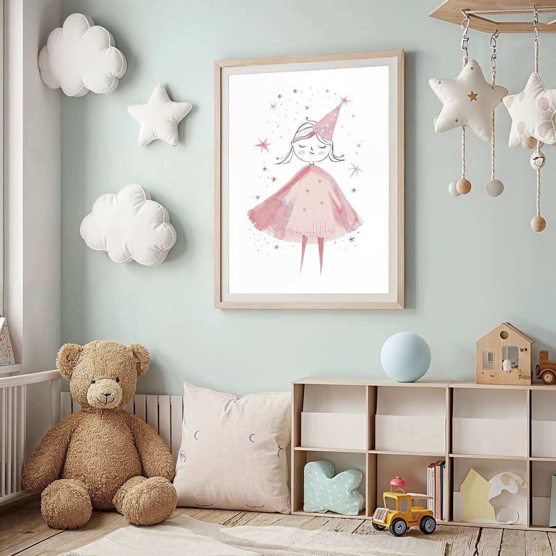 Fairy Princess Girl Pink Watercolor Party Hat Stars Nursery Poster - Image 2