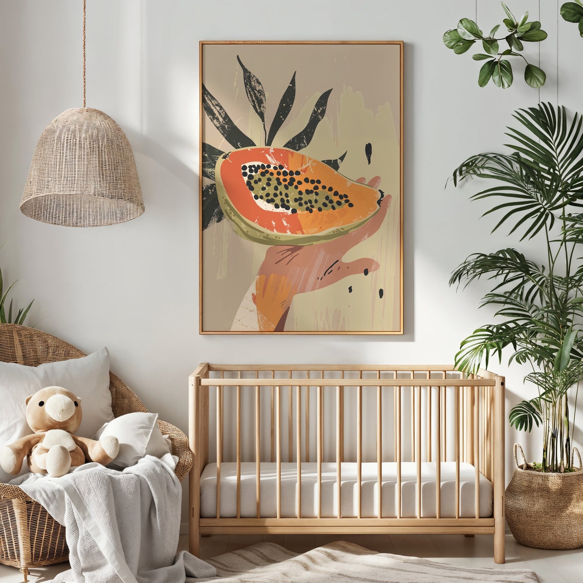 Hand Holding Papaya Half Tropical Leaves Retro Boho Kitchen Poster - Image 2