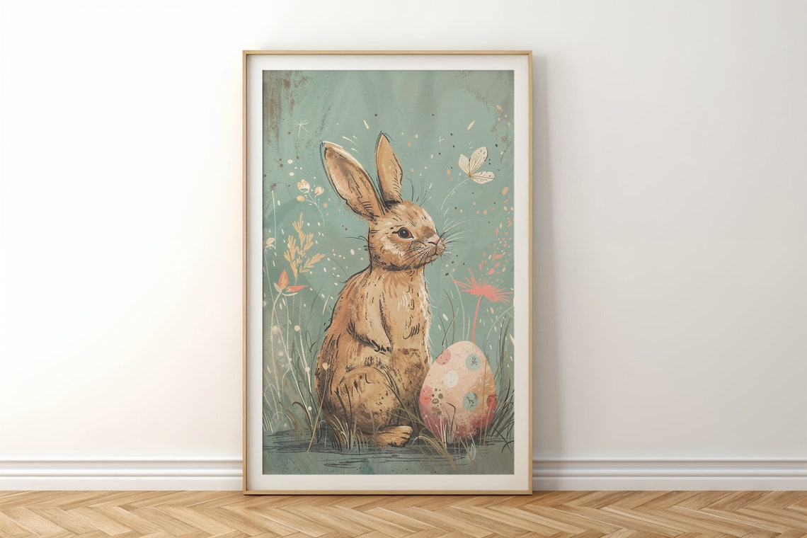 Brown Bunny With Decorated Easter Egg Vintage Style Spring Art Print - Image 6