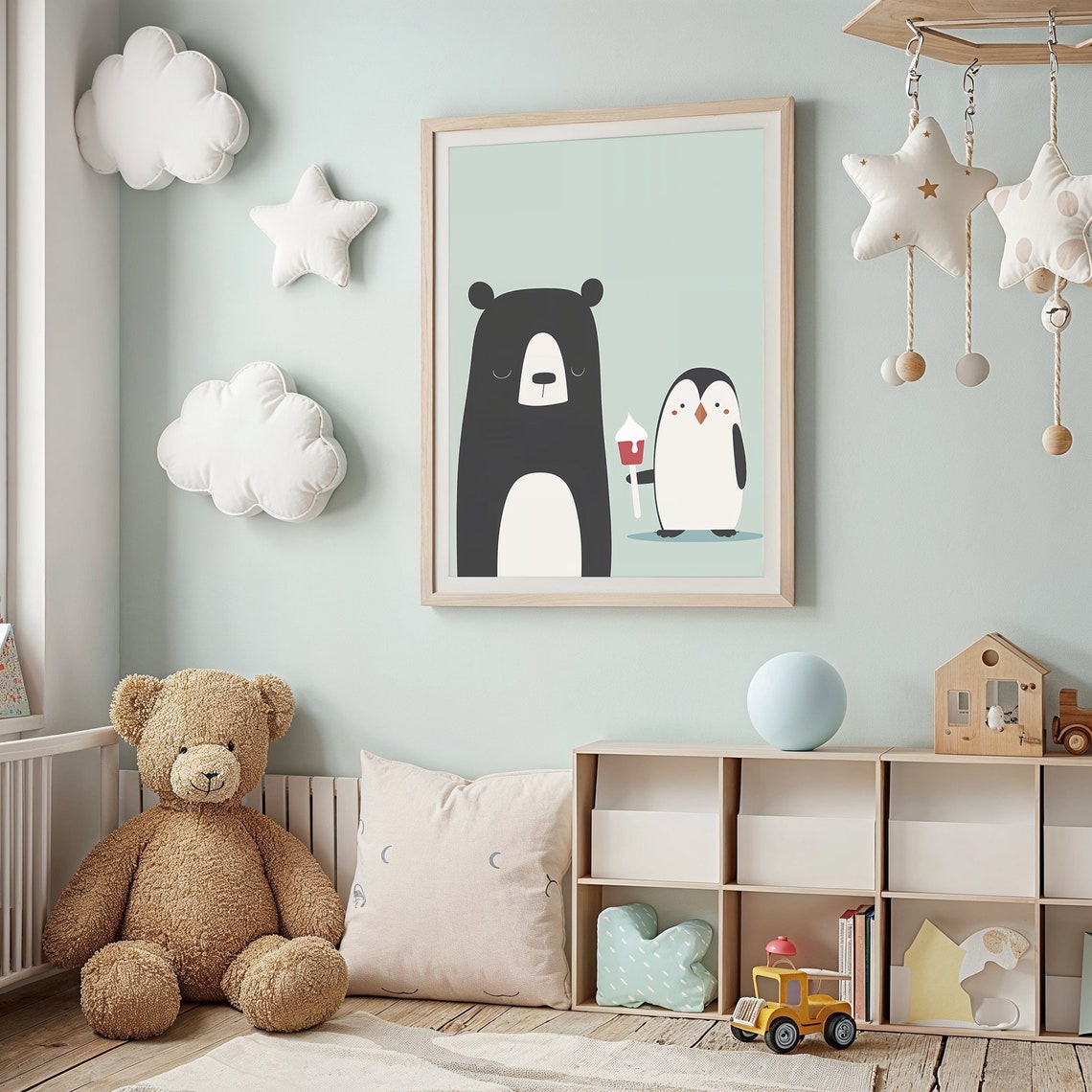 Bear Penguin Friends Red Ice Cream Mint Background Kids Wall Poster - Image 2