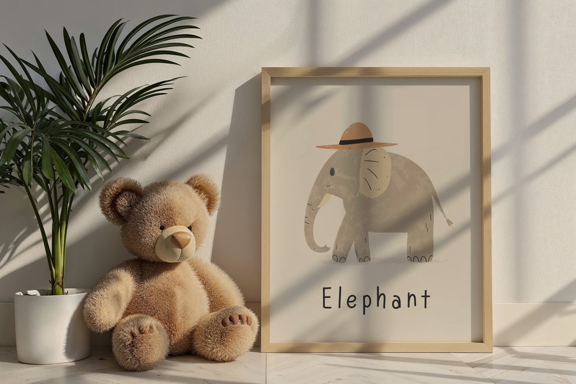 Elephant Wearing Safari Hat Cream Kids Nursery Bedroom Art Poster - Image 6