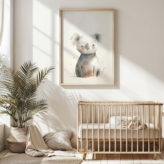 Baby Koala Watercolor Nursery Poster Soft Gray Neutral Tones Kids Art