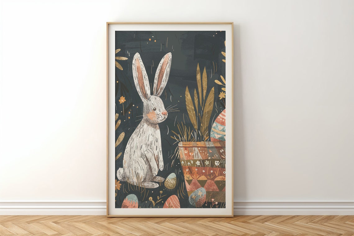 White Bunny Patterned Egg Pot Golden Garden Dark Nursery Poster - Image 6