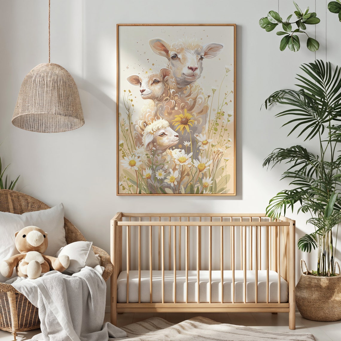 Mother Sheep And Two Lambs Daisy Meadow Watercolor Nursery Poster - Image 3