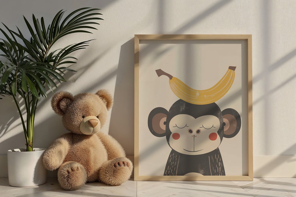 Cute Monkey Balancing Yellow Banana Sweet Smiling Nursery Art Poster - Image 4