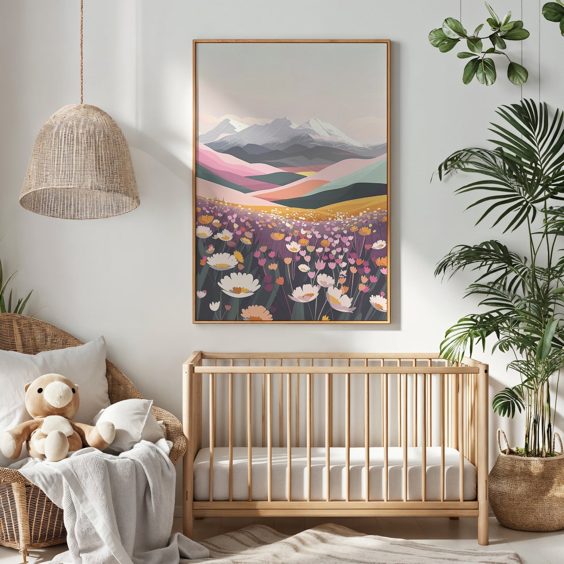 Pastel Wildflower Field Layered Mountains Landscape Art Wall Poster - Image 3