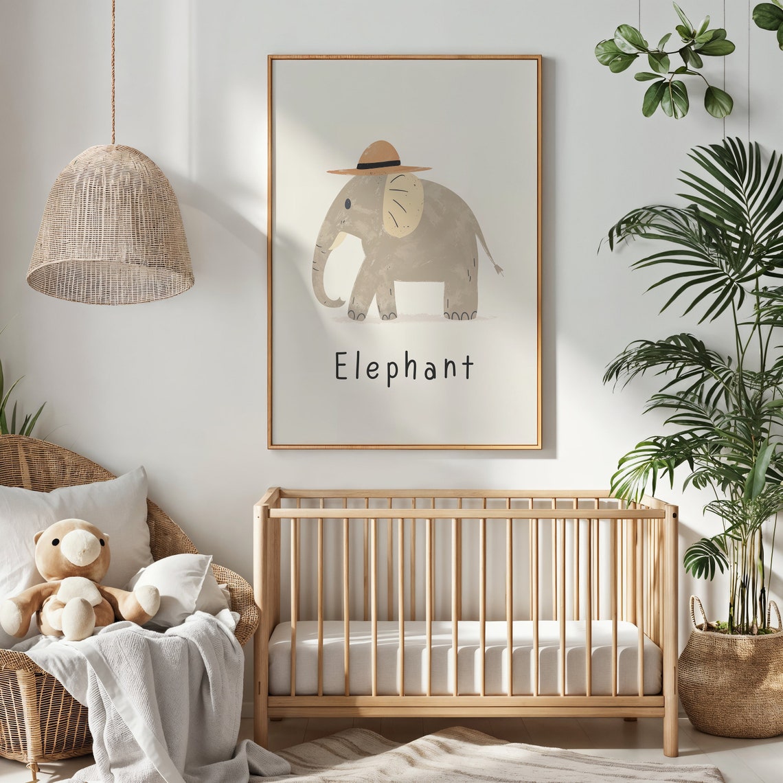 Elephant Wearing Safari Hat Cream Kids Nursery Bedroom Art Poster - Image 3